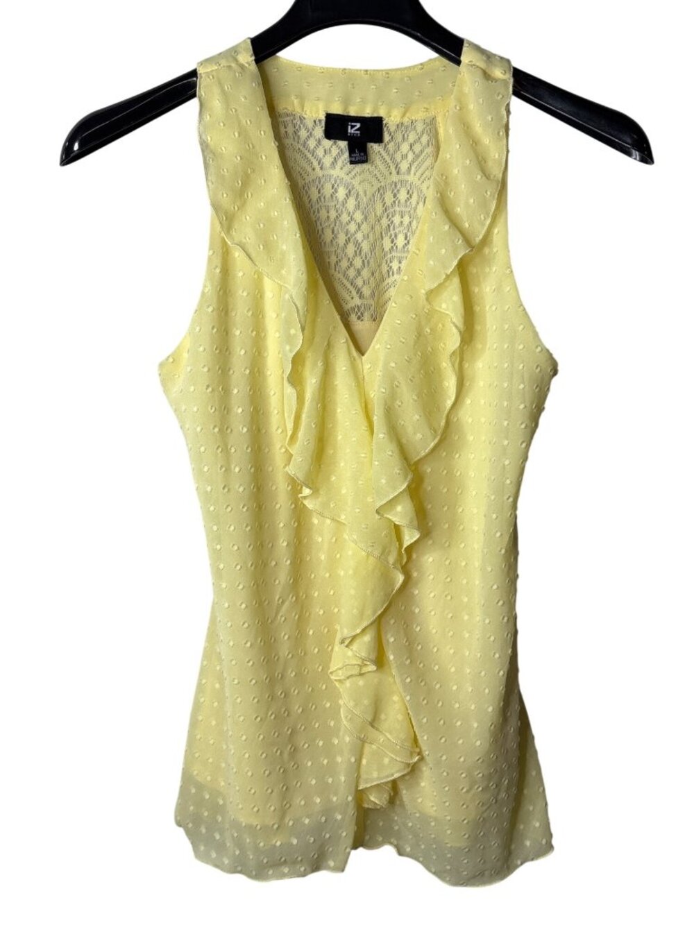 IZ Byer Sleeveless Blouse Top Size L Swiss Dot Ruffle Lace Back Pale Yellow Y2K